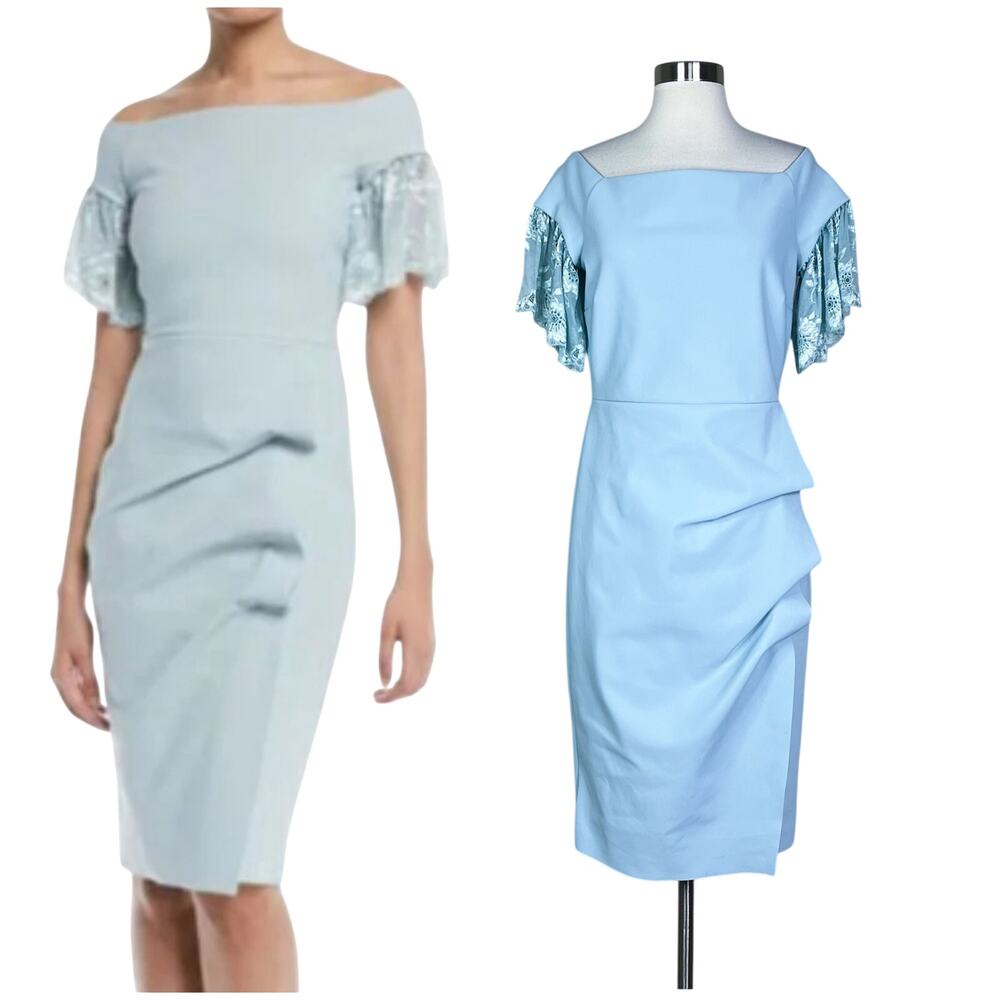 Chiara Boni | Farideh Off Shoulder Light Blue Lace Sleeve Cocktail Sheath Dress